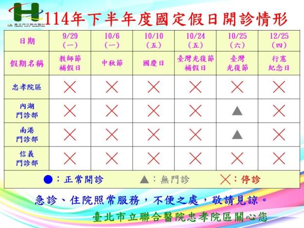 聯醫忠孝院區-114年下半年度國定假日開診情形