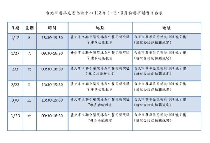 臺北市毒品危害防制中心113年1、2、3月份毒品講習日程表