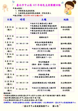 臺北市中山區115年母乳哺育支持團體