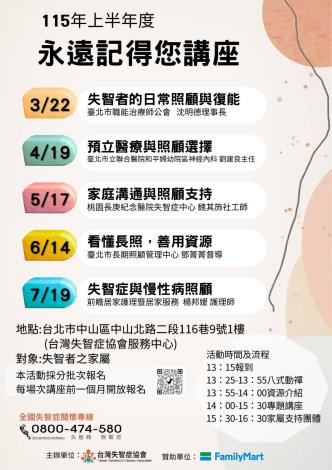 115年度上半年度「永遠記得您講座及家屬支持團體」講座宣導海報