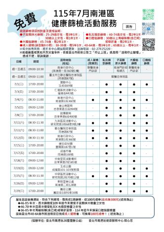 115年7月全區健康篩檢活動一覽表(外網公告)