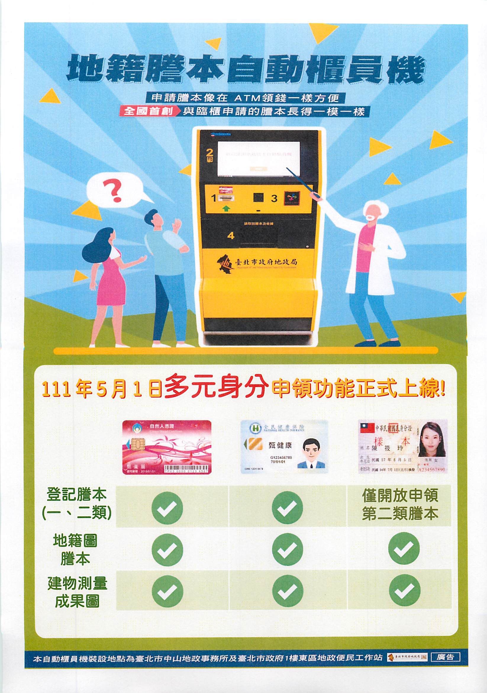臺北市地籍謄本自動櫃員機提供多元身分申領服務