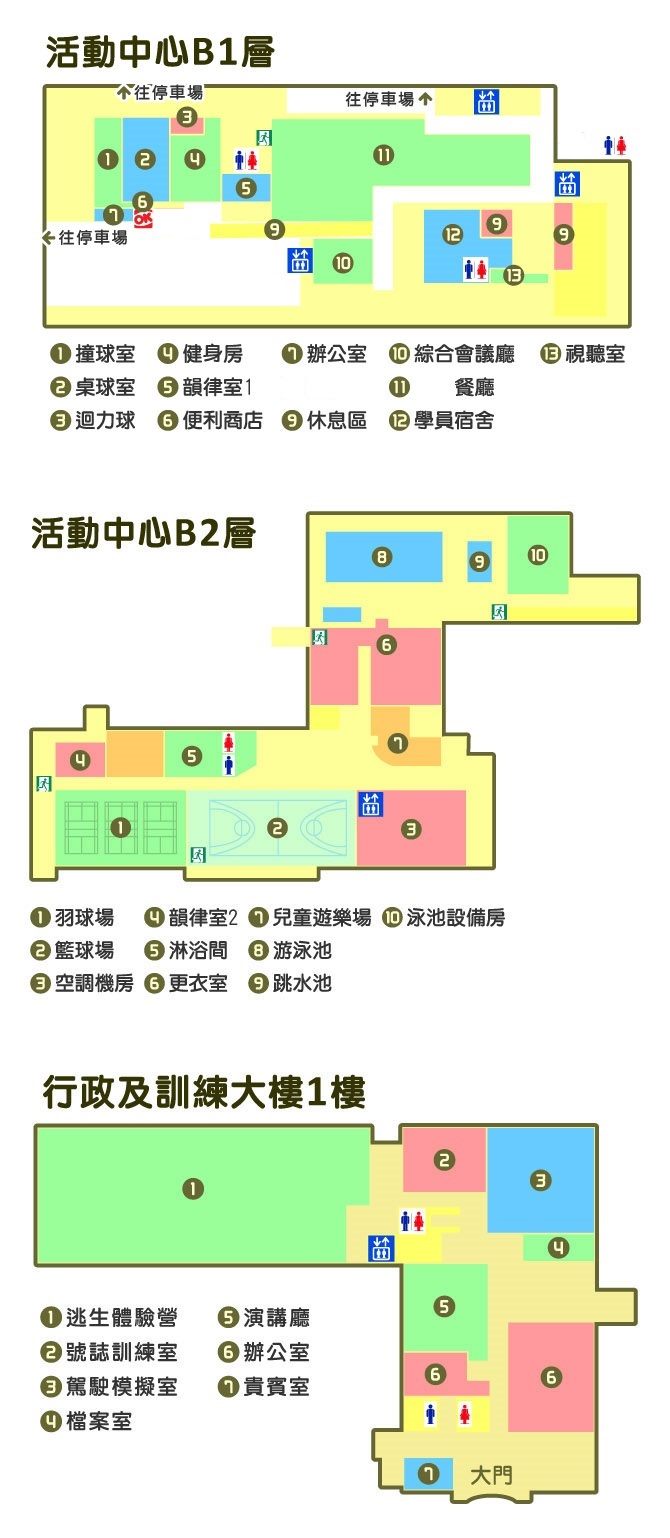 捷運北投會館各樓層(活動中心B1層、B2層與行政及訓練大樓1樓)平面圖