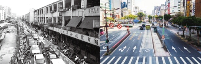 The old Zhonghua Mall was full of new andfashionable products, causing people tocrowd in. (Photo: Wang Neng-you)/With Zhonghua Mall torn down, ZhonghuaRoad is now the main traffic route in Taipei City.(Photo: Business Today)