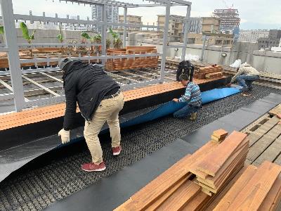 Workers at a rooftop facility construction site