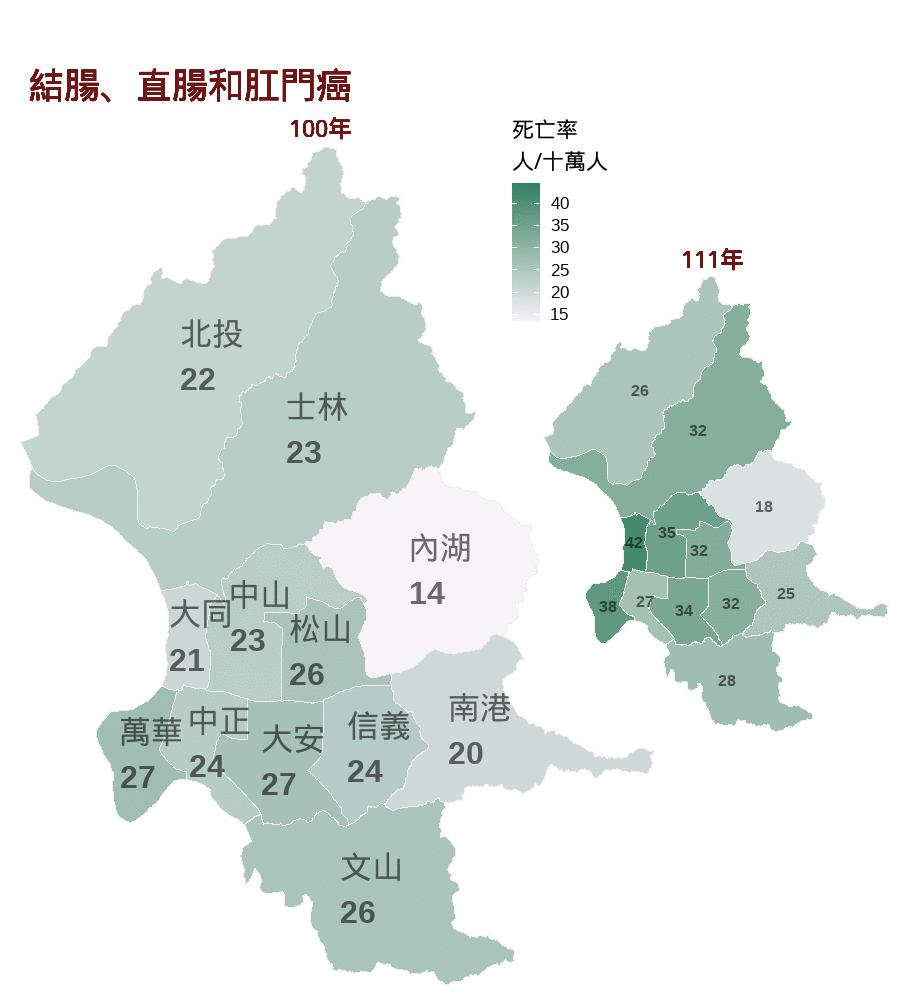 100至111年臺北市各行政區大腸癌死亡率地圖