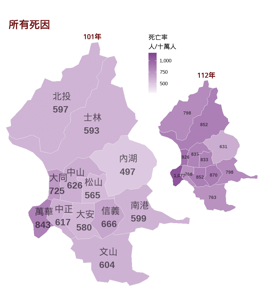 100至111年臺北市各行政區死亡率地圖