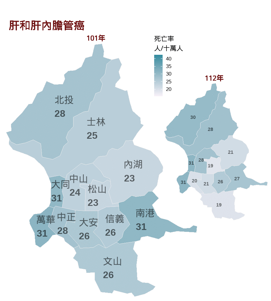 100至111年臺北市各行政區肝和肝內膽管癌死亡率