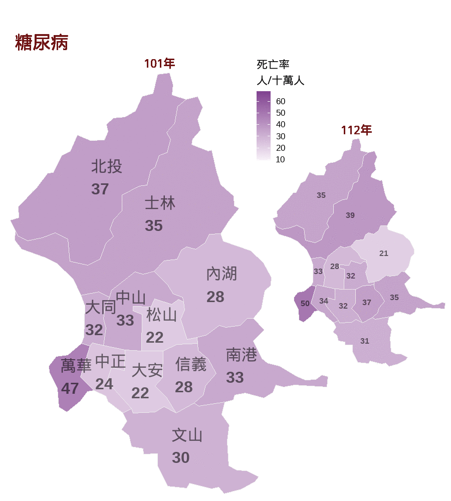 臺北市各行政區糖尿病死亡率地圖