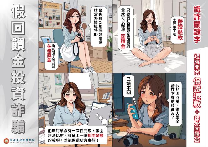 【圖文】假回饋金投資詐騙-真人案例四格漫畫（橫式A3）