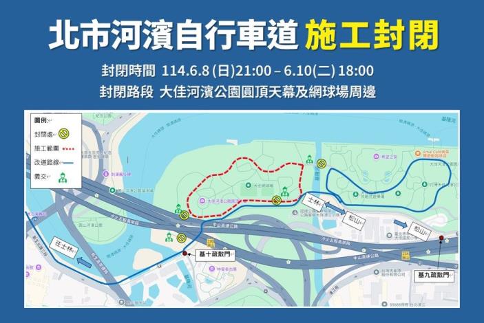 北市河濱自行車道 封閉及替代路線示意圖