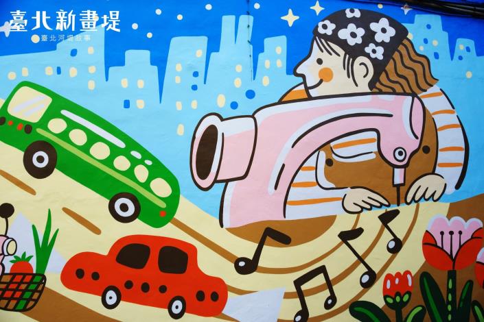 作品細節間藏著產業的記憶。右段則以成衣產業為靈感，呈現婦女車縫衣物的身影