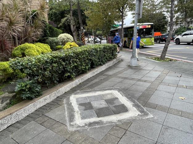 請公燈處協助移除石牌天母西路口東南角花圃並整平，另將人行道行人燈桿移設置於綠帶範圍後2