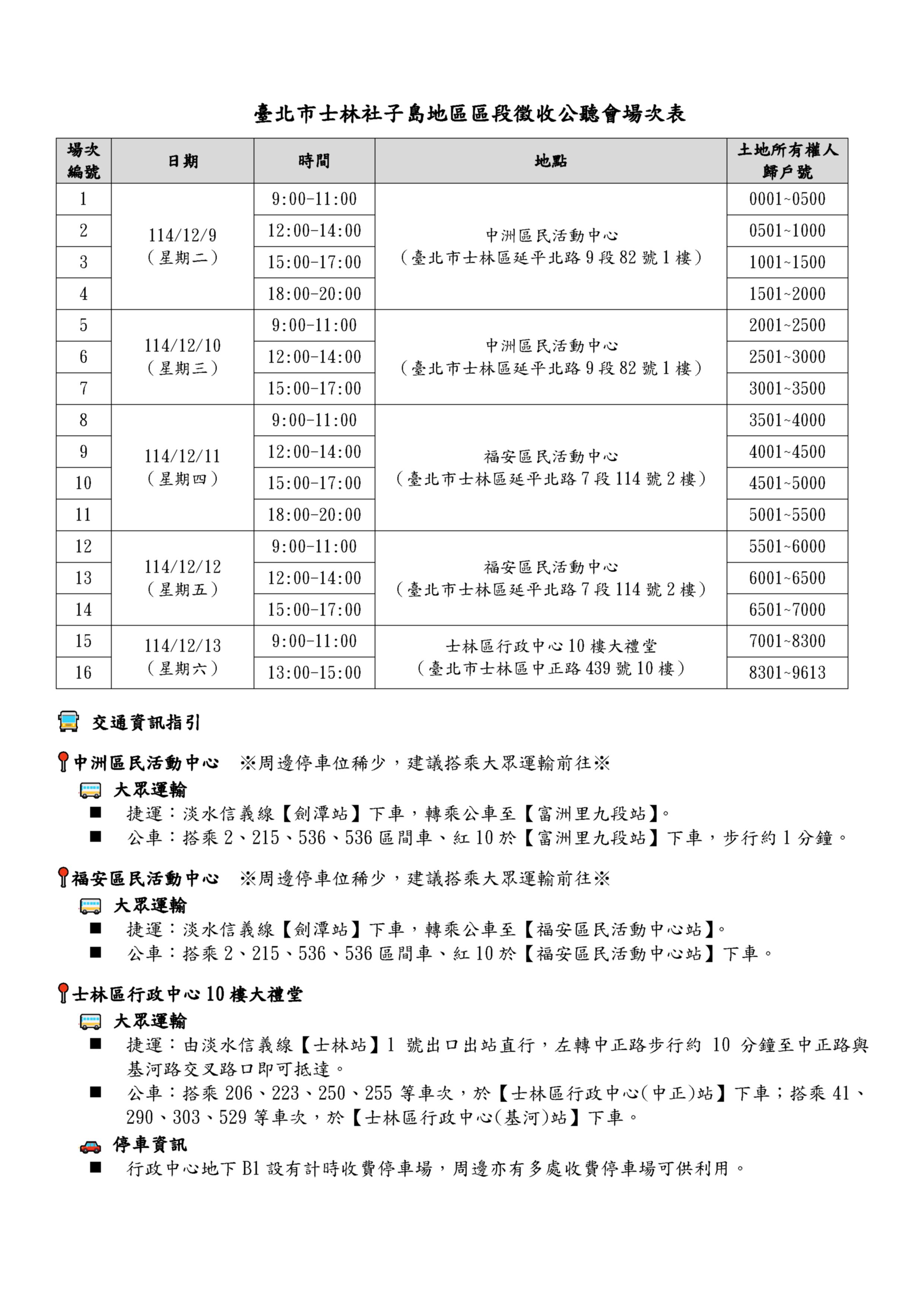區段徵收公聽會場次表12月9(上午9時至下午8時)、10日(上午9時至下午5時)於中洲區民活動中心，12月11(上午9時至下午8時)、12日(上午9時至下午5時)於福安區民活動中心，12月13日於士林區行政中心10樓大禮堂(上午9時至下午3時)