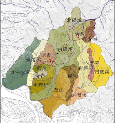 臺北市管轄的大屯火山區範圍水系集水區 