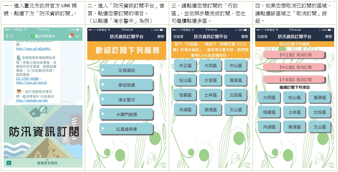 北市府LINE官方帳號「防汛資訊訂閱平台」服務訂閱示意畫面