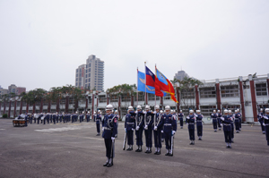Air force marching band soldiers perform prior to the opening of the exhibition.