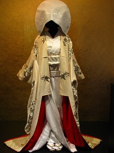 Japanese brides wear a traditional white silk kimono called a shiromuku.