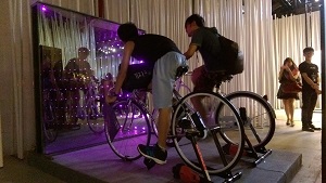 Viewers put their feet on the pedals of lightweight bicycles, named Siva Cycle Atom, to generate electricity for the LED headlights. (Courtesy of the Department of Cultural Affairs)