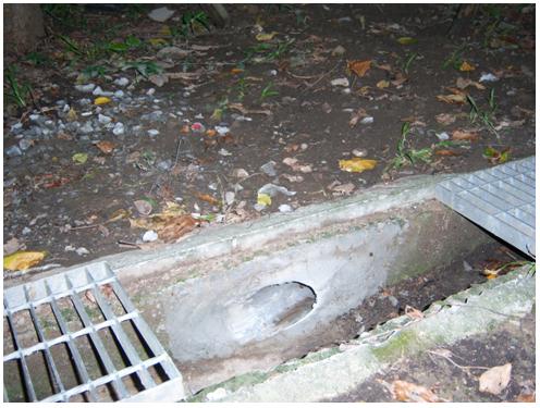 經服務團技師會同管委會現場會勘建議將原排水明管拆除以暗管埋設，並接至社