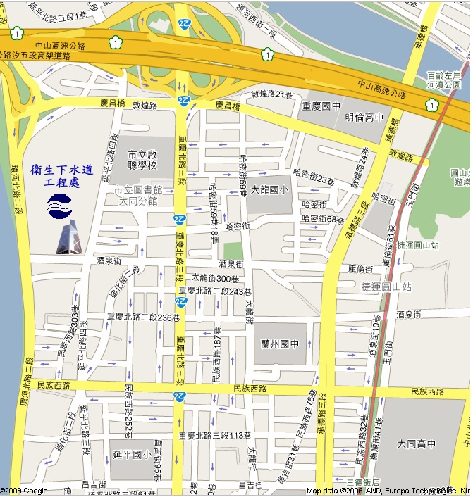 衛工處位置圖,地址臺北市大同區酒泉街235號,鄰近的公車站牌為鄰江里站、老師里站