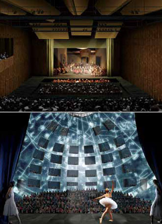 Mockups showing the theaters' seating of 1,500 and 800. (Courtesy / copyright OMA)