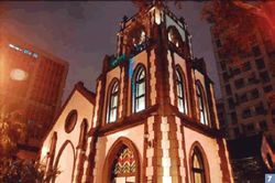 7. Zhongshan Presbyterian Church has a Gothic exterior, with the classical Gothic hammer-beam roof; the stained-glass windows feature images of the Garden of Gethsemane.