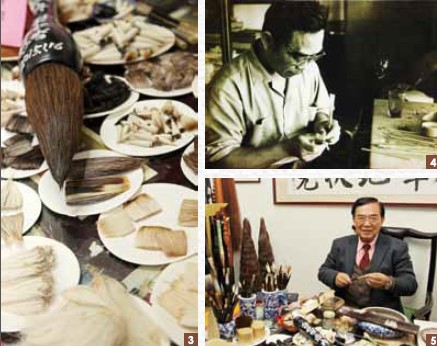 The process of making brushes by hand is incredibly complex, requiring more than 80 steps; Guo Wenxi also makes supersize brushes, one of which was featured at an exhibition at National Chiang Kai-shek Memorial Hall, where he used it to give a writing demonstration. (Photo courtesy of Guo Wenxi)
