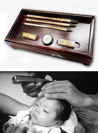 Guo Family Ink Brush Shop’s customized boxes, featuring the three treasures of birth: a baby footprint inside the box lid, umbilical cord name stamp, and baby hair brush; The baby head-shaving ceremony. (Photo courtesy of Guo Family Ink Brush Shop)
