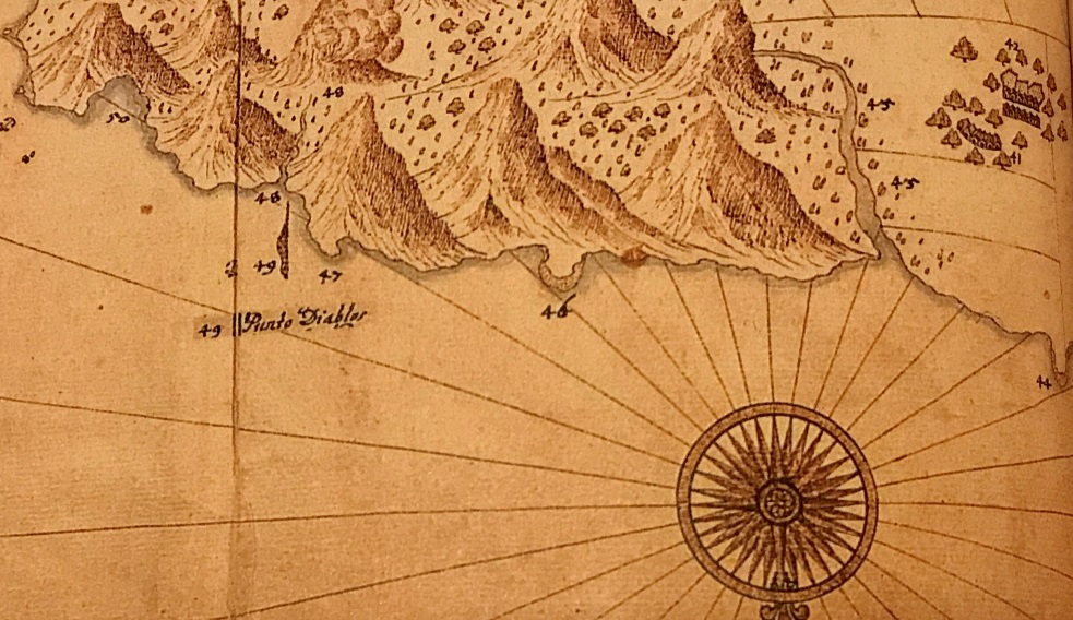 圖1.1654年荷蘭《大臺北古地圖》標示的Punto Diablos，即今野柳