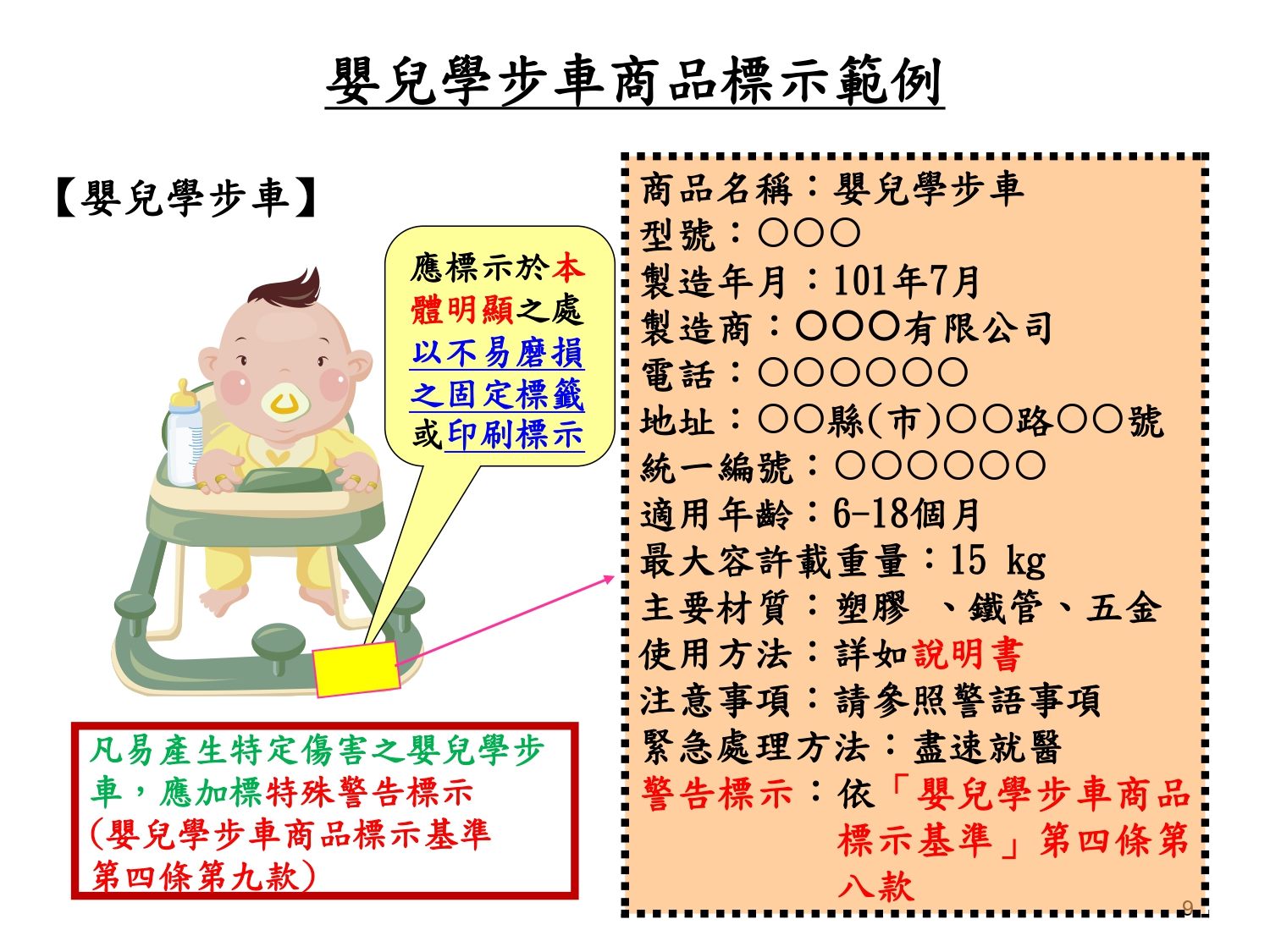 嬰兒學步車商品正確標示範例