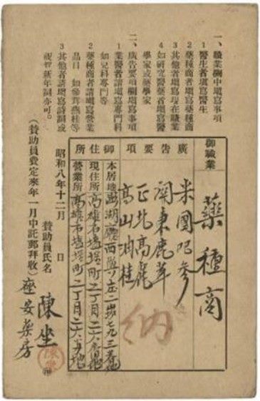 昭和8年（1933）由高雄市座安藥房寄給臺北「臺灣漢醫藥研究室」的明信片背面
