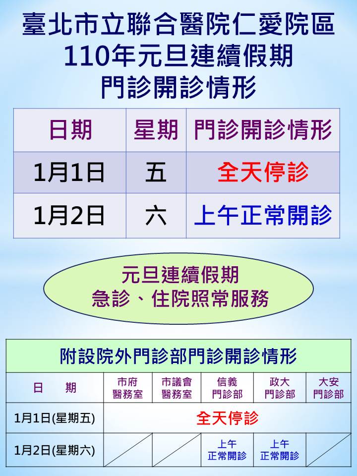 聯醫仁愛院區110年元旦連續假期門診開診情形