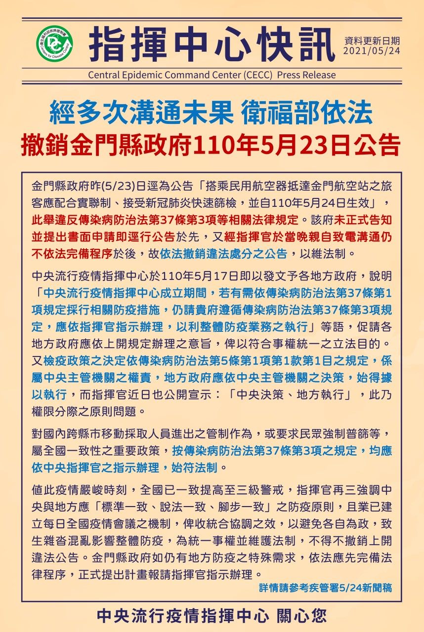 臺北市政府衛生局 活動訊息 中央疫情快訊 經多次溝通未果 衛福部依法撤銷金門縣政府110年5月23日公告