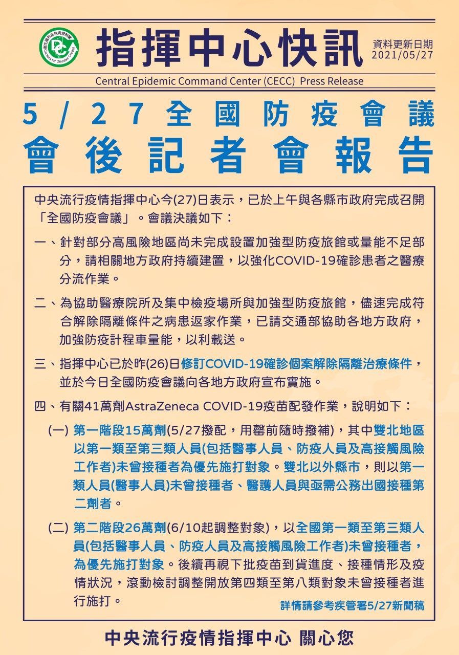 臺北市政府衛生局 北市府 最新消息 中央疫情快訊 5月27日全國防疫會議後記者會報告