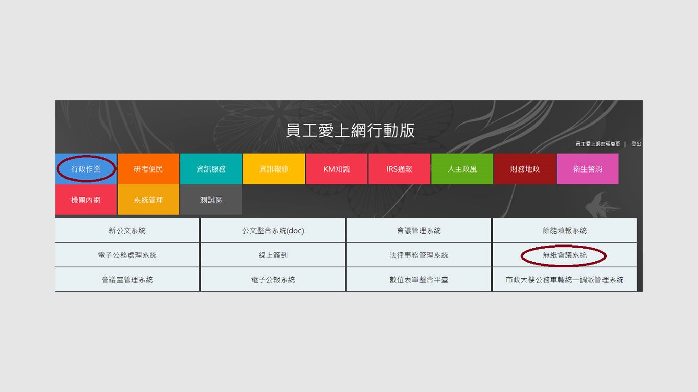 step1 連至「員工愛上網行動版」 /「行政作業」/ 「無紙會議系統」。
