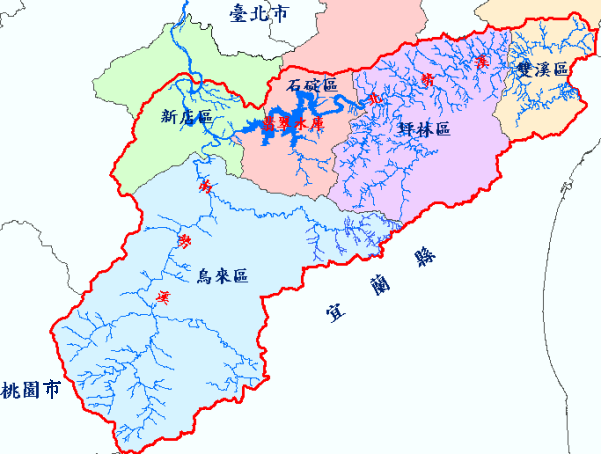 這是大臺北水源區域圖，包括雙溪、石碇、坪林、新店及烏來等地區