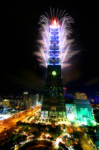 Front view of the Taipei 101 fireworks show