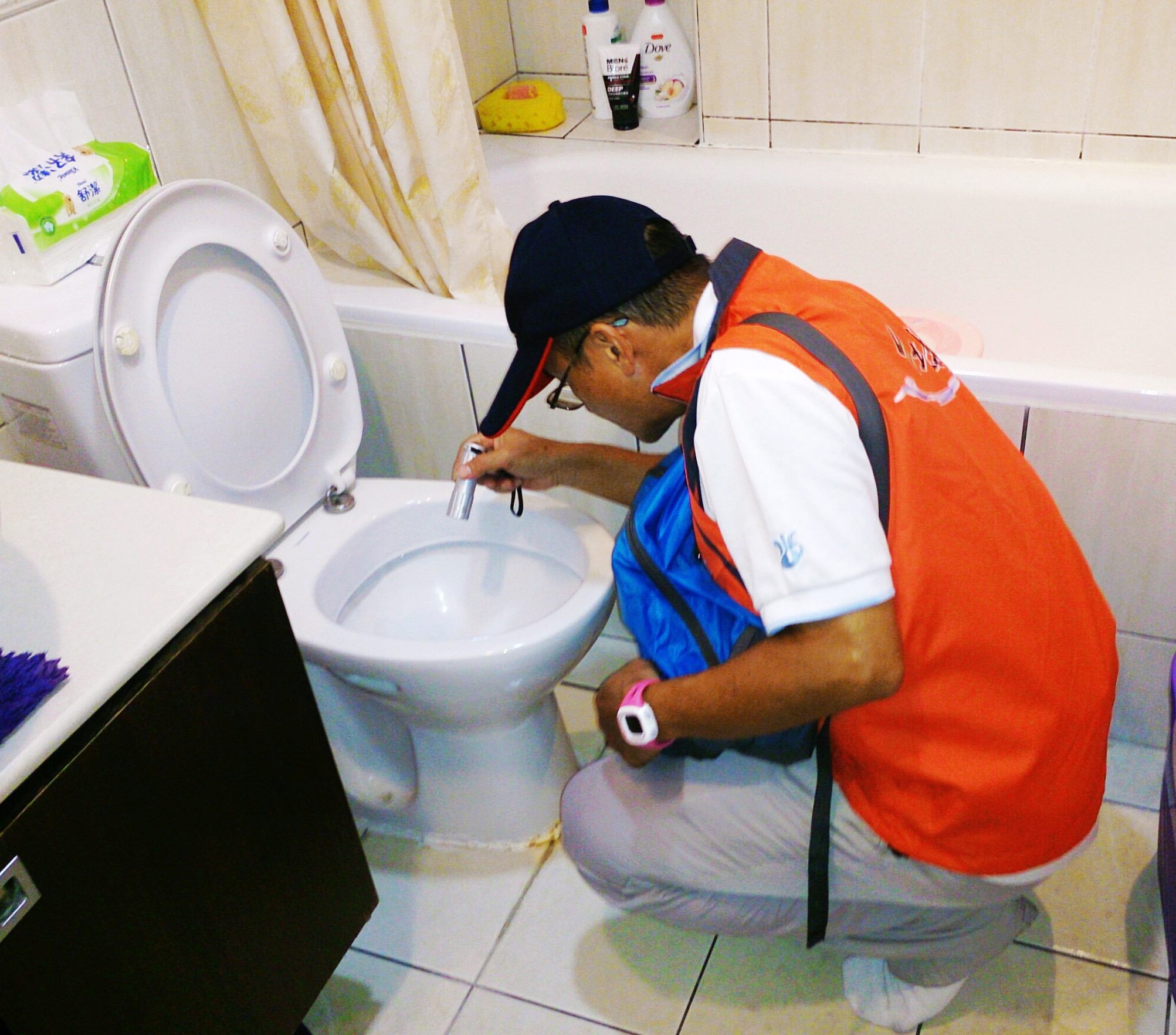 Inspection of household toilet for leaks